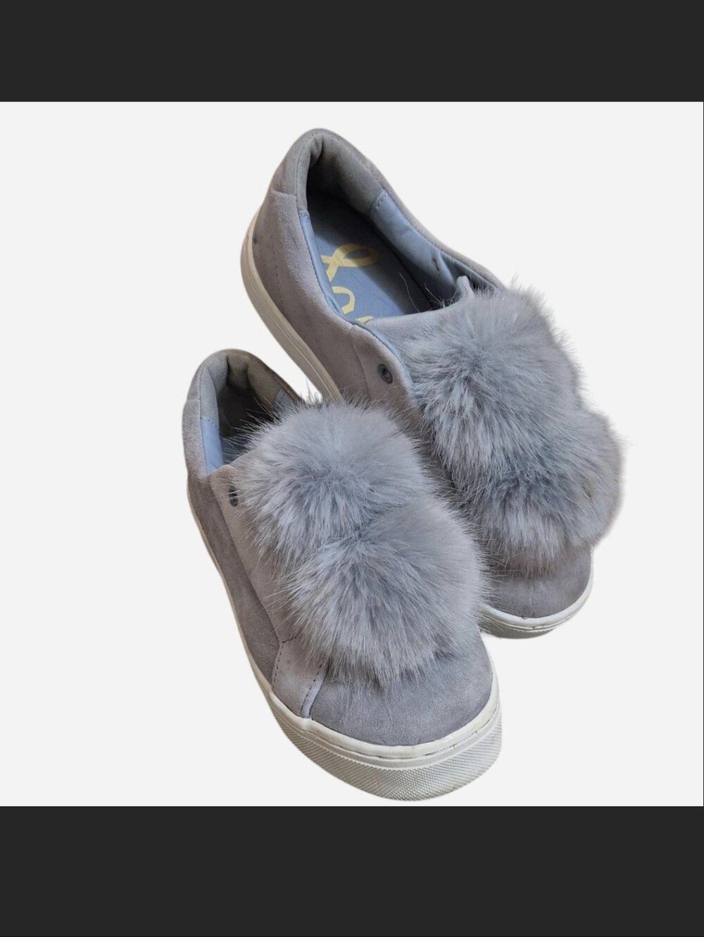 Sam Edelman Blue-Gray Faux Fur Pom Slip-On Sneakers